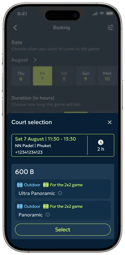 Connected club with courts, slots and prices.